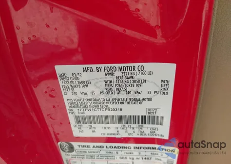 2012 Ford F-150 Lariat from USA, damaged, VIN 1FTFW1CT7CFB20318